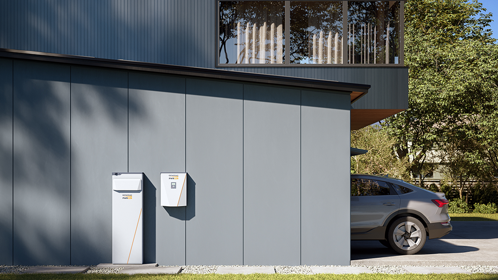 Generac clean energy panels and switches outside a garage and home with car in the driveway.